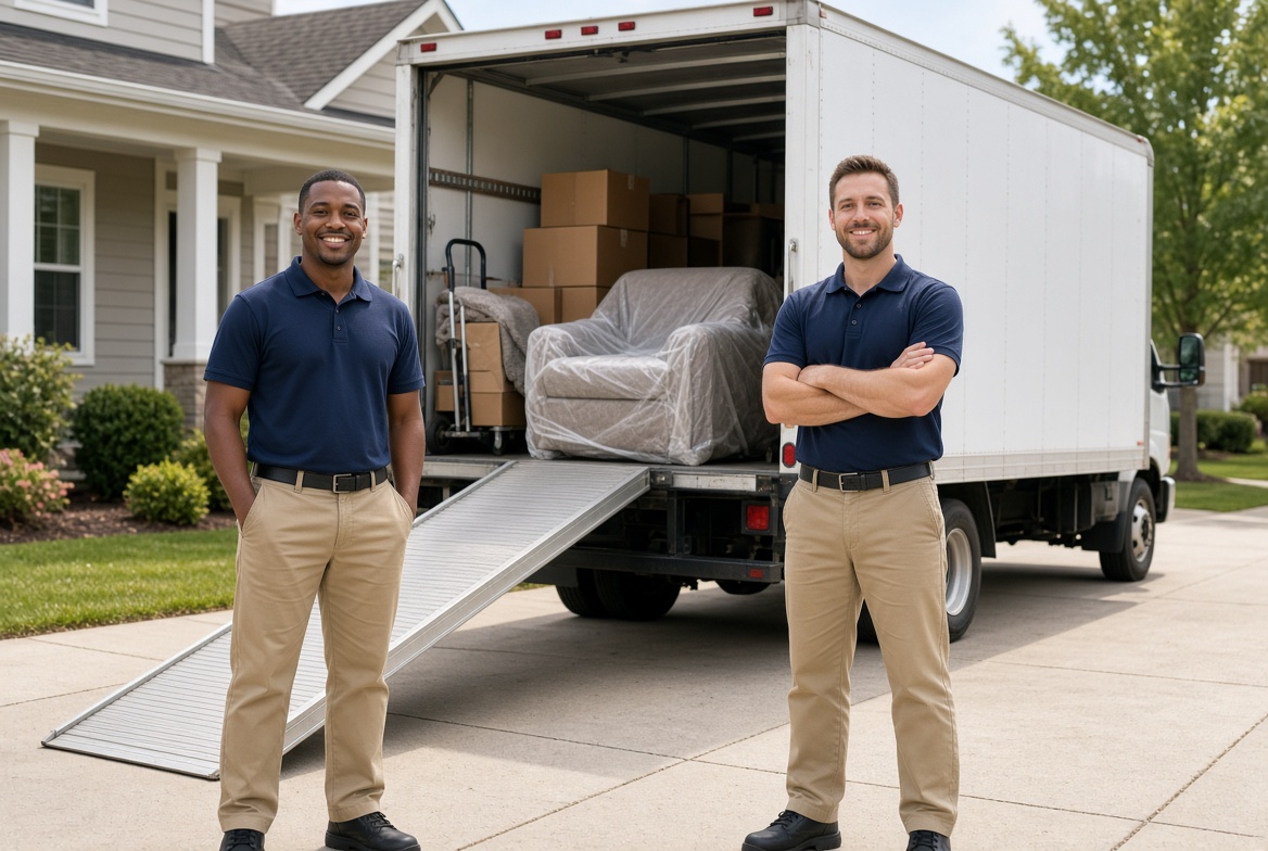 Two movers with a loaded moving truck at a house for a full-service local move
