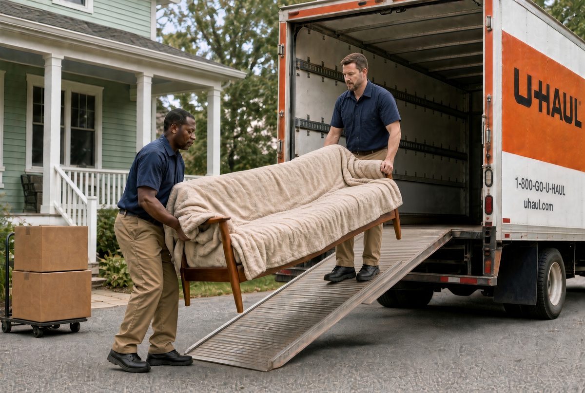 Our crew loading a sofa into a rental truck