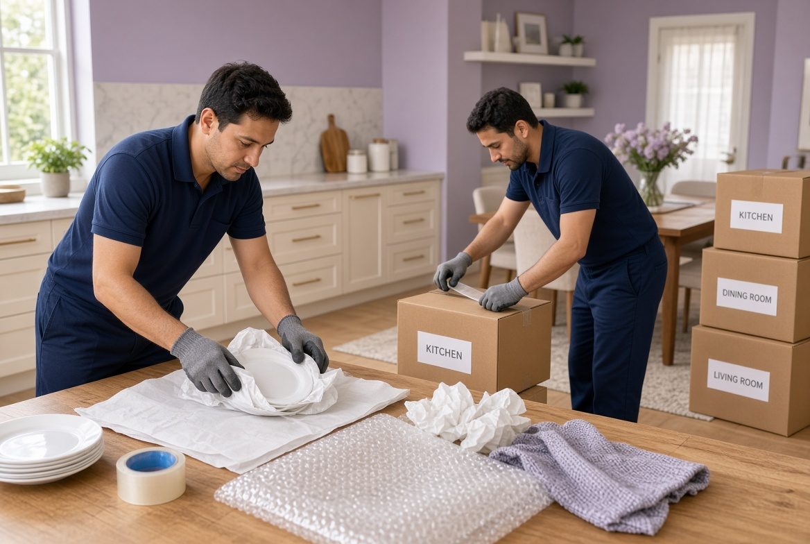 Our crew wrapping dishes and sealing labeled kitchen boxes