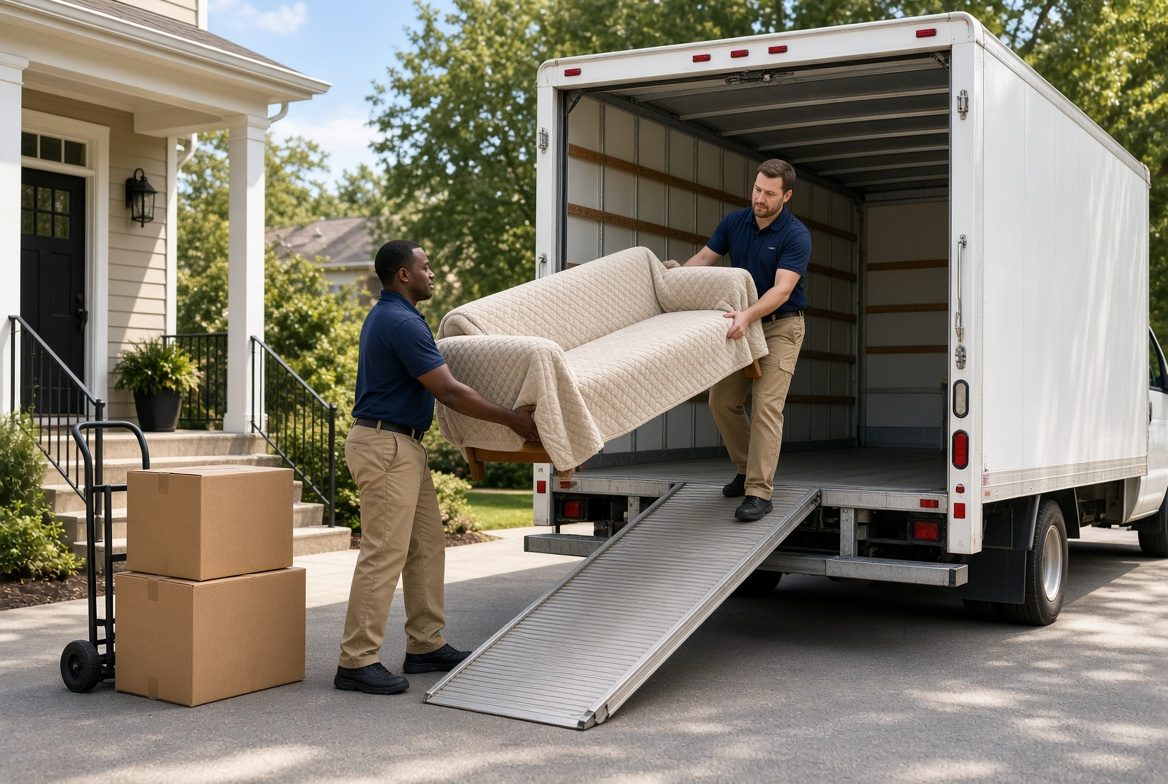 Our crew loading a sofa and a few boxes onto the truck
