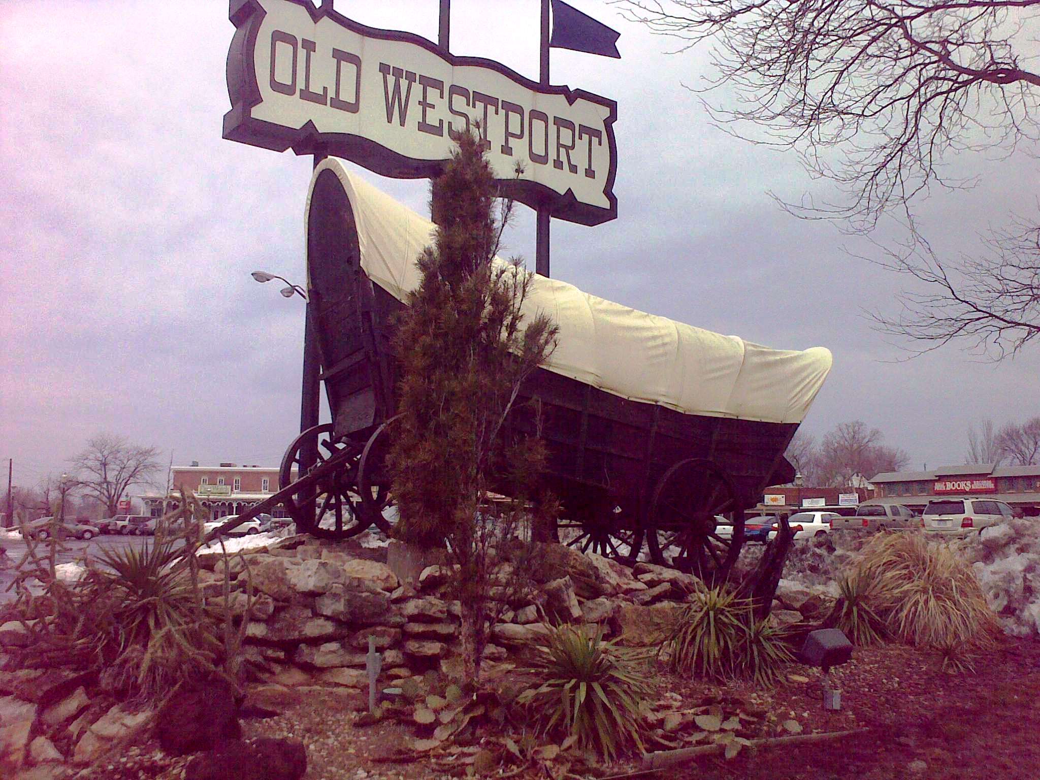 Old Westport covered wagon landmark at the entrance to Westport, Kansas City