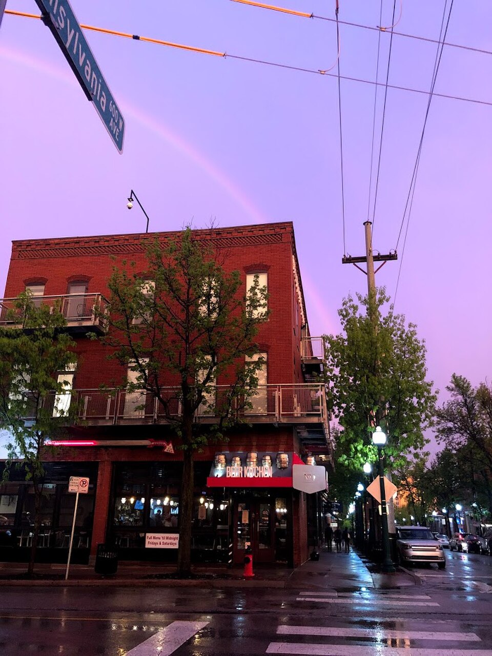Pennsylvania Avenue and Westport Road at dusk in Kansas City